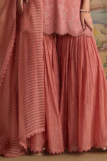 Buy Kritika Dawar Pink Chanderi V-neck, Yes Hand Embroidered Short Kurta Gharara Set Online at Aza Fashions Buy_Kritika Dawar_Pink Chanderi V-neck, Yes Hand Embroidered Short Kurta Gharara Set _Online_at_Aza_Fashions