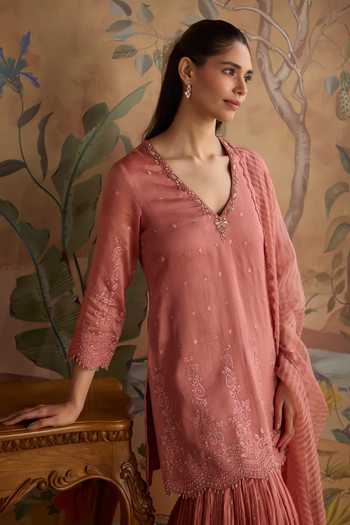 Shop Kritika Dawar Pink Chanderi V-neck, Yes Hand Embroidered Short Kurta Gharara Set Online at Aza Fashions Shop_Kritika Dawar_Pink Chanderi V-neck, Yes Hand Embroidered Short Kurta Gharara Set _Online_at_Aza_Fashions
