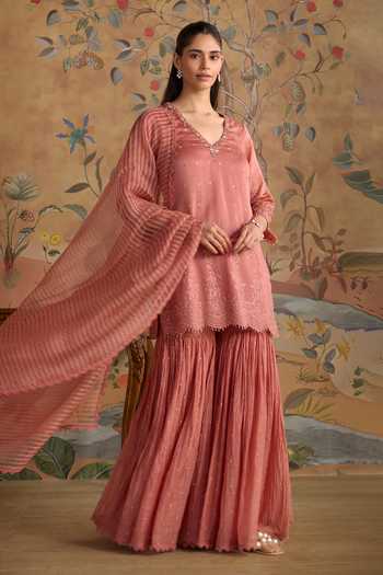Kritika Dawar Pink Chanderi V-neck, Yes Hand Embroidered Short Kurta Gharara Set at Aza Fashions Kritika Dawar_Pink Chanderi V-neck, Yes Hand Embroidered Short Kurta Gharara Set _at_Aza_Fashions