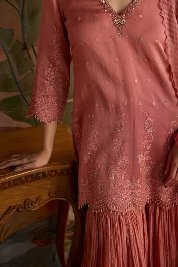 Buy Kritika Dawar Pink Chanderi V-neck, Yes Hand Embroidered Short Kurta Gharara Set Buy_Kritika Dawar_Pink Chanderi V-neck, Yes Hand Embroidered Short Kurta Gharara Set