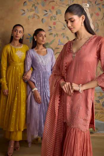 Shop Kritika Dawar Pink Chanderi V-neck, Yes Hand Embroidered Short Kurta Gharara Set Shop_Kritika Dawar_Pink Chanderi V-neck, Yes Hand Embroidered Short Kurta Gharara Set