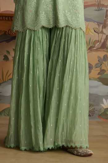 Buy Kritika Dawar Green Chanderi V-neck, Yes Paakiza Hand Embroidered Kurta And Gharara Set Online at Aza Fashions Buy_Kritika Dawar_Green Chanderi V-neck, Yes Paakiza Hand Embroidered Kurta And Gharara Set _Online_at_Aza_Fashions