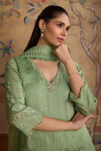 Shop Kritika Dawar Green Chanderi V-neck, Yes Paakiza Hand Embroidered Kurta And Gharara Set Online at Aza Fashions Shop_Kritika Dawar_Green Chanderi V-neck, Yes Paakiza Hand Embroidered Kurta And Gharara Set _Online_at_Aza_Fashions