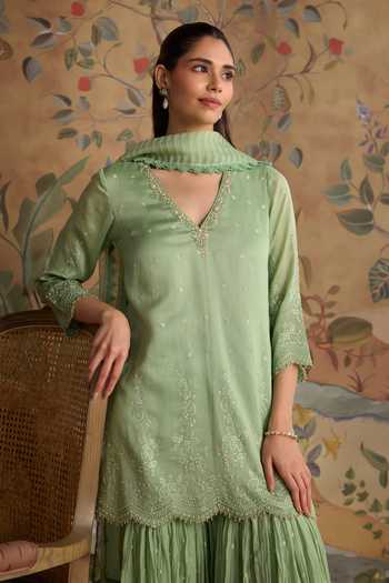 Shop Kritika Dawar Green Chanderi V-neck, Yes Paakiza Hand Embroidered Kurta And Gharara Set Shop_Kritika Dawar_Green Chanderi V-neck, Yes Paakiza Hand Embroidered Kurta And Gharara Set
