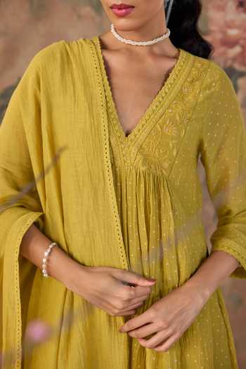 Shop Kritika Dawar Yellow Cotton, Chanderi V-neck Tahira Print Kurta Set Online at Aza Fashions Shop_Kritika Dawar_Yellow Cotton, Chanderi V-neck Tahira Print Kurta Set _Online_at_Aza_Fashions