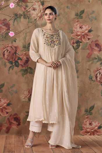 Buy Kritika Dawar Ivory Chanderi, Cotton Round Neck Phool Hand Embroidered Kurta Set Online at Aza Fashions Buy_Kritika Dawar_Ivory Chanderi, Cotton Round Neck Phool Hand Embroidered Kurta Set _Online_at_Aza_Fashions