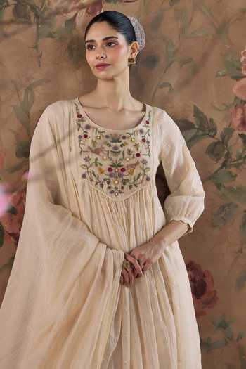 Shop Kritika Dawar Ivory Chanderi, Cotton Round Neck Phool Hand Embroidered Kurta Set Online at Aza Fashions Shop_Kritika Dawar_Ivory Chanderi, Cotton Round Neck Phool Hand Embroidered Kurta Set _Online_at_Aza_Fashions