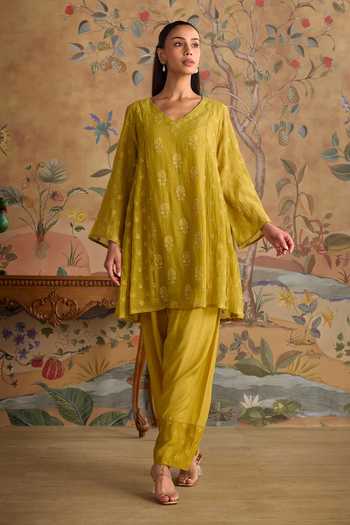 Buy Kritika Dawar Yellow Chanderi, Silk, Cotton V-neck Avira Embroidered Kurta And Pant Set Online at Aza Fashions Buy_Kritika Dawar_Yellow Chanderi, Silk, Cotton V-neck Avira Embroidered Kurta And Pant Set _Online_at_Aza_Fashions