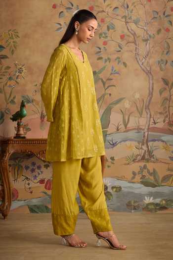 Shop Kritika Dawar Yellow Chanderi, Silk, Cotton V-neck Avira Embroidered Kurta And Pant Set Online at Aza Fashions Shop_Kritika Dawar_Yellow Chanderi, Silk, Cotton V-neck Avira Embroidered Kurta And Pant Set _Online_at_Aza_Fashions
