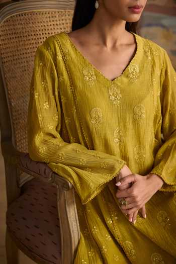 Shop Kritika Dawar Yellow Chanderi, Silk, Cotton V-neck Avira Embroidered Kurta And Pant Set Shop_Kritika Dawar_Yellow Chanderi, Silk, Cotton V-neck Avira Embroidered Kurta And Pant Set
