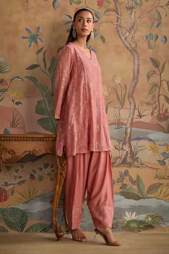 Buy Kritika Dawar Pink Silk, Cotton, Chanderi V-neck Avira Embroidered Kurta And Pant Set Online at Aza Fashions Buy_Kritika Dawar_Pink Silk, Cotton, Chanderi V-neck Avira Embroidered Kurta And Pant Set _Online_at_Aza_Fashions