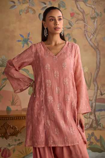 Shop Kritika Dawar Pink Silk, Cotton, Chanderi V-neck Avira Embroidered Kurta And Pant Set Online at Aza Fashions Shop_Kritika Dawar_Pink Silk, Cotton, Chanderi V-neck Avira Embroidered Kurta And Pant Set _Online_at_Aza_Fashions