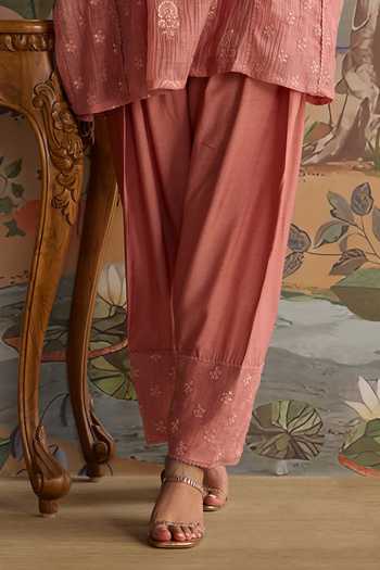 Kritika Dawar Pink Silk, Cotton, Chanderi V-neck Avira Embroidered Kurta And Pant Set at Aza Fashions Kritika Dawar_Pink Silk, Cotton, Chanderi V-neck Avira Embroidered Kurta And Pant Set _at_Aza_Fashions