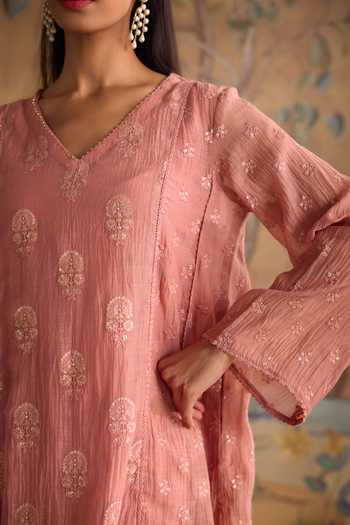 Shop Kritika Dawar Pink Silk, Cotton, Chanderi V-neck Avira Embroidered Kurta And Pant Set Shop_Kritika Dawar_Pink Silk, Cotton, Chanderi V-neck Avira Embroidered Kurta And Pant Set