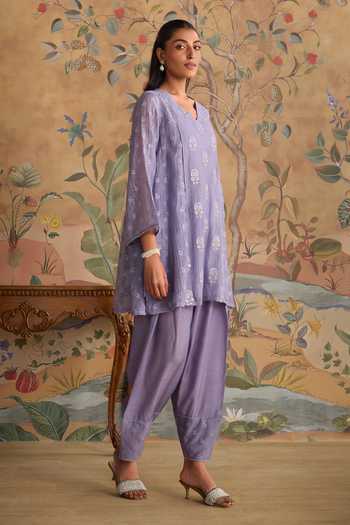 Shop Kritika Dawar Lilac Chanderi, Silk, Cotton V-neck Avira Embroidered Kurta And Pant Set Online at Aza Fashions Shop_Kritika Dawar_Lilac Chanderi, Silk, Cotton V-neck Avira Embroidered Kurta And Pant Set _Online_at_Aza_Fashions