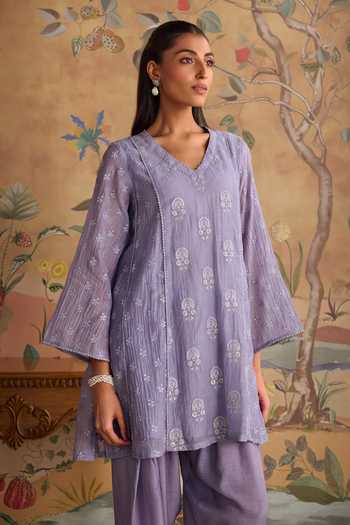Kritika Dawar Lilac Chanderi, Silk, Cotton V-neck Avira Embroidered Kurta And Pant Set at Aza Fashions Kritika Dawar_Lilac Chanderi, Silk, Cotton V-neck Avira Embroidered Kurta And Pant Set _at_Aza_Fashions