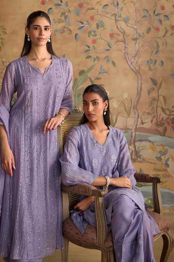 Shop Kritika Dawar Lilac Chanderi, Silk, Cotton V-neck Avira Embroidered Kurta And Pant Set Shop_Kritika Dawar_Lilac Chanderi, Silk, Cotton V-neck Avira Embroidered Kurta And Pant Set