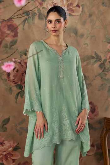 Buy Kritika Dawar Green Chanderi, Cotton V-neck Sabeen Kurta And Pant Set Online at Aza Fashions Buy_Kritika Dawar_Green Chanderi, Cotton V-neck Sabeen Kurta And Pant Set _Online_at_Aza_Fashions
