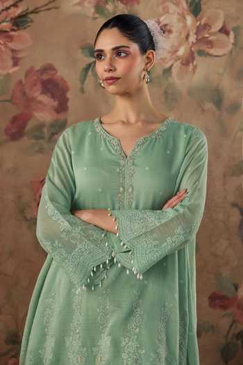 Shop Kritika Dawar Green Chanderi, Cotton V-neck Sabeen Kurta And Pant Set Online at Aza Fashions Shop_Kritika Dawar_Green Chanderi, Cotton V-neck Sabeen Kurta And Pant Set _Online_at_Aza_Fashions