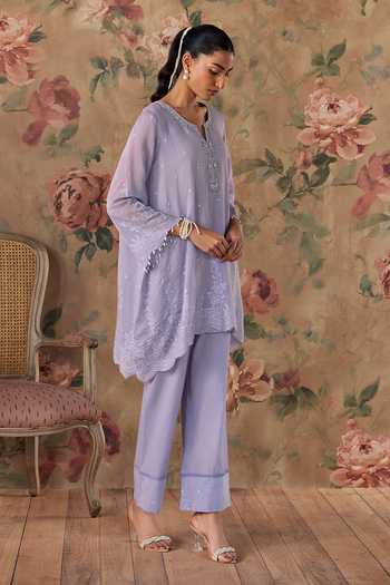 Shop Kritika Dawar Lilac Chanderi, Cotton Split V-neck, Yes Sabeen Embroidered Scalloped Kurta Set Online at Aza Fashions Shop_Kritika Dawar_Lilac Chanderi, Cotton Split V-neck, Yes Sabeen Embroidered Scalloped Kurta Set _Online_at_Aza_Fashions