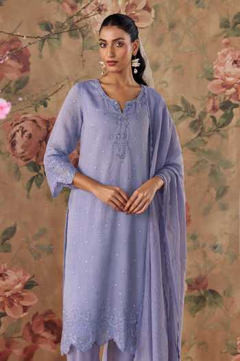 Shop Kritika Dawar Lavender Chanderi, Silk, Cotton V-neck Nayab Scalloped Straight Kurta Set Online at Aza Fashions Shop_Kritika Dawar_Lavender Chanderi, Silk, Cotton V-neck Nayab Scalloped Straight Kurta Set _Online_at_Aza_Fashions