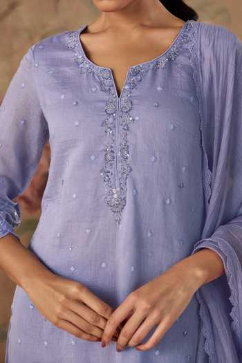 Kritika Dawar Lavender Chanderi, Silk, Cotton V-neck Nayab Scalloped Straight Kurta Set at Aza Fashions Kritika Dawar_Lavender Chanderi, Silk, Cotton V-neck Nayab Scalloped Straight Kurta Set _at_Aza_Fashions