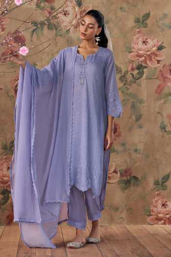 Buy Kritika Dawar Lavender Chanderi, Silk, Cotton V-neck Nayab Scalloped Straight Kurta Set Buy_Kritika Dawar_Lavender Chanderi, Silk, Cotton V-neck Nayab Scalloped Straight Kurta Set