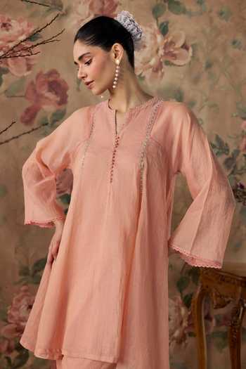 Buy Kritika Dawar Pink Tissue Split V-neck, Yes Zaina Hand Embellished Kurta Set Online at Aza Fashions Buy_Kritika Dawar_Pink Tissue Split V-neck, Yes Zaina Hand Embellished Kurta Set _Online_at_Aza_Fashions