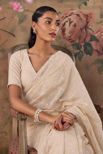 Buy Kritika Dawar Ivory Organza, Chanderi V-neck Chandani Hand Embroidered Saree And Blouse Set Online at Aza Fashions Buy_Kritika Dawar_Ivory Organza, Chanderi V-neck Chandani Hand Embroidered Saree And Blouse Set _Online_at_Aza_Fashions