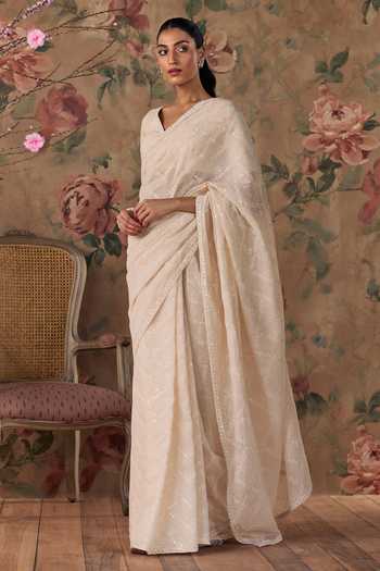 Shop Kritika Dawar Ivory Organza, Chanderi V-neck Chandani Hand Embroidered Saree And Blouse Set Online at Aza Fashions Shop_Kritika Dawar_Ivory Organza, Chanderi V-neck Chandani Hand Embroidered Saree And Blouse Set _Online_at_Aza_Fashions