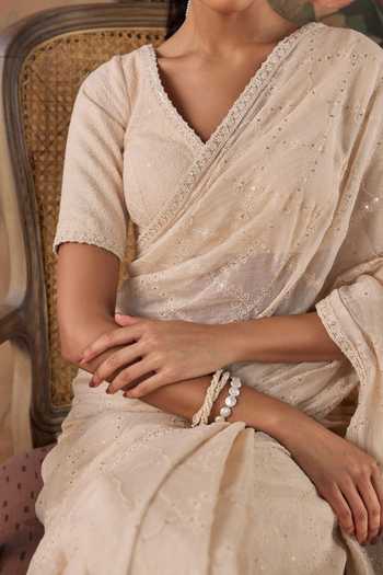 Kritika Dawar Ivory Organza, Chanderi V-neck Chandani Hand Embroidered Saree And Blouse Set at Aza Fashions Kritika Dawar_Ivory Organza, Chanderi V-neck Chandani Hand Embroidered Saree And Blouse Set _at_Aza_Fashions