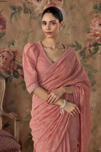 Buy Kritika Dawar Pink Chanderi V-neck Chandani Hand Embroidered Saree And Blouse Set Online at Aza Fashions Buy_Kritika Dawar_Pink Chanderi V-neck Chandani Hand Embroidered Saree And Blouse Set _Online_at_Aza_Fashions
