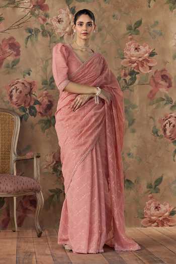 Shop Kritika Dawar Pink Chanderi V-neck Chandani Hand Embroidered Saree And Blouse Set Online at Aza Fashions Shop_Kritika Dawar_Pink Chanderi V-neck Chandani Hand Embroidered Saree And Blouse Set _Online_at_Aza_Fashions