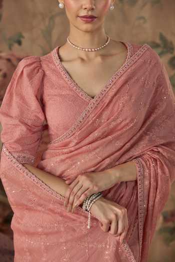 Buy Kritika Dawar Pink Chanderi V-neck Chandani Hand Embroidered Saree And Blouse Set Buy_Kritika Dawar_Pink Chanderi V-neck Chandani Hand Embroidered Saree And Blouse Set