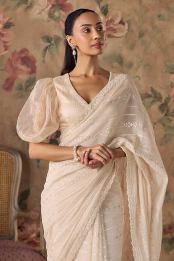 Buy Kritika Dawar Ivory Chanderi V-neck Nisa Hand Embroidered Saree And Blouse Set Online at Aza Fashions Buy_Kritika Dawar_Ivory Chanderi V-neck Nisa Hand Embroidered Saree And Blouse Set _Online_at_Aza_Fashions