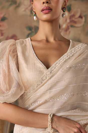 Shop Kritika Dawar Ivory Chanderi V-neck Nisa Hand Embroidered Saree And Blouse Set Online at Aza Fashions Shop_Kritika Dawar_Ivory Chanderi V-neck Nisa Hand Embroidered Saree And Blouse Set _Online_at_Aza_Fashions
