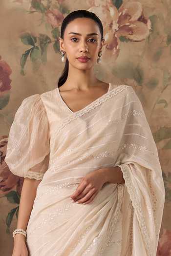 Buy Kritika Dawar Ivory Chanderi V-neck Nisa Hand Embroidered Saree And Blouse Set Buy_Kritika Dawar_Ivory Chanderi V-neck Nisa Hand Embroidered Saree And Blouse Set