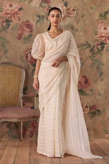 Shop Kritika Dawar Ivory Chanderi V-neck Nisa Hand Embroidered Saree And Blouse Set Shop_Kritika Dawar_Ivory Chanderi V-neck Nisa Hand Embroidered Saree And Blouse Set