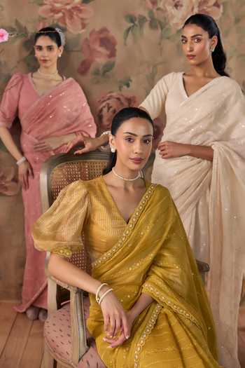 Buy Kritika Dawar Yellow Organza, Chanderi V-neck Nisa Embroidered Saree With Blouse Online at Aza Fashions Buy_Kritika Dawar_Yellow Organza, Chanderi V-neck Nisa Embroidered Saree With Blouse _Online_at_Aza_Fashions
