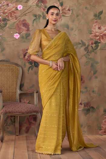 Shop Kritika Dawar Yellow Organza, Chanderi V-neck Nisa Embroidered Saree With Blouse Online at Aza Fashions Shop_Kritika Dawar_Yellow Organza, Chanderi V-neck Nisa Embroidered Saree With Blouse _Online_at_Aza_Fashions