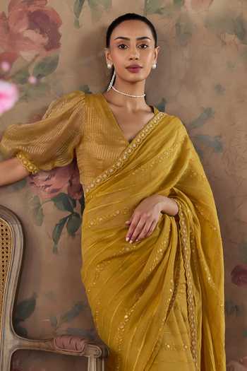 Buy Kritika Dawar Yellow Organza, Chanderi V-neck Nisa Embroidered Saree With Blouse Buy_Kritika Dawar_Yellow Organza, Chanderi V-neck Nisa Embroidered Saree With Blouse