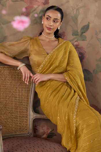 Shop Kritika Dawar Yellow Organza, Chanderi V-neck Nisa Embroidered Saree With Blouse Shop_Kritika Dawar_Yellow Organza, Chanderi V-neck Nisa Embroidered Saree With Blouse