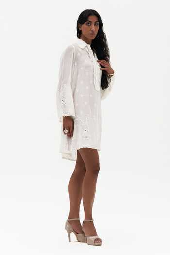 Payal Jain Off White Muslin (mulmul) Collared Neck Bronte Chikankari Dress Online at Aza Fashions Payal Jain_Off White Muslin (mulmul) Collared Neck Bronte Chikankari Dress _Online_at_Aza_Fashions