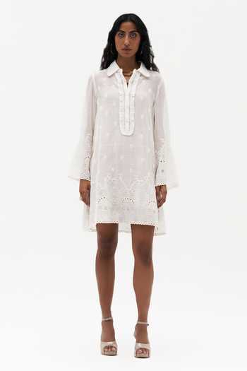 Shop Payal Jain Off White Muslin (mulmul) Collared Neck Bronte Chikankari Dress Online at Aza Fashions Shop_Payal Jain_Off White Muslin (mulmul) Collared Neck Bronte Chikankari Dress _Online_at_Aza_Fashions