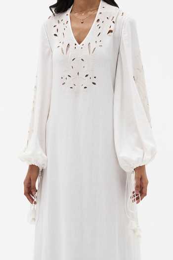Payal Jain Off White Cotton, Linen V-neck Galina Cutwork Dress Online at Aza Fashions Payal Jain_Off White Cotton, Linen V-neck Galina Cutwork Dress _Online_at_Aza_Fashions