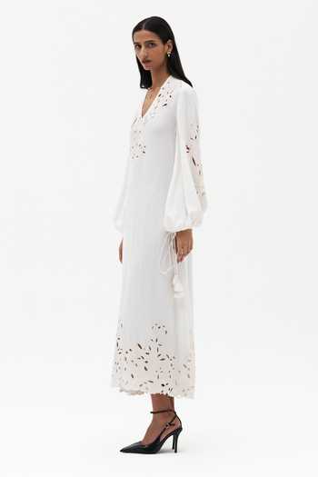 Buy Payal Jain Off White Cotton, Linen V-neck Galina Cutwork Dress Online at Aza Fashions Buy_Payal Jain_Off White Cotton, Linen V-neck Galina Cutwork Dress _Online_at_Aza_Fashions
