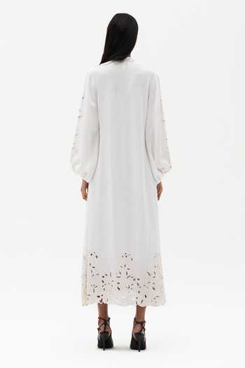 Shop Payal Jain Off White Cotton, Linen V-neck Galina Cutwork Dress at Aza Fashions Shop_Payal Jain_Off White Cotton, Linen V-neck Galina Cutwork Dress _at_Aza_Fashions