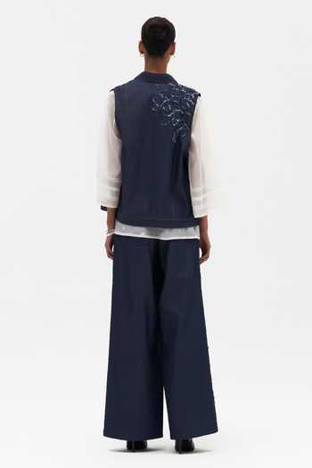 Shop Payal Jain Blue Denim Collared Neck Verity Embroidered Vest at Aza Fashions Shop_Payal Jain_Blue Denim Collared Neck Verity Embroidered Vest _at_Aza_Fashions