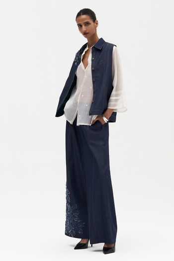 Shop Payal Jain Blue Denim Collared Neck Verity Embroidered Vest Online at Aza Fashions Shop_Payal Jain_Blue Denim Collared Neck Verity Embroidered Vest _Online_at_Aza_Fashions