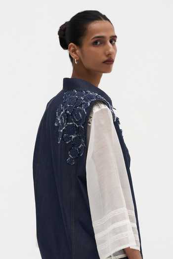 Payal Jain Blue Denim Collared Neck Verity Embroidered Vest at Aza Fashions Payal Jain_Blue Denim Collared Neck Verity Embroidered Vest _at_Aza_Fashions